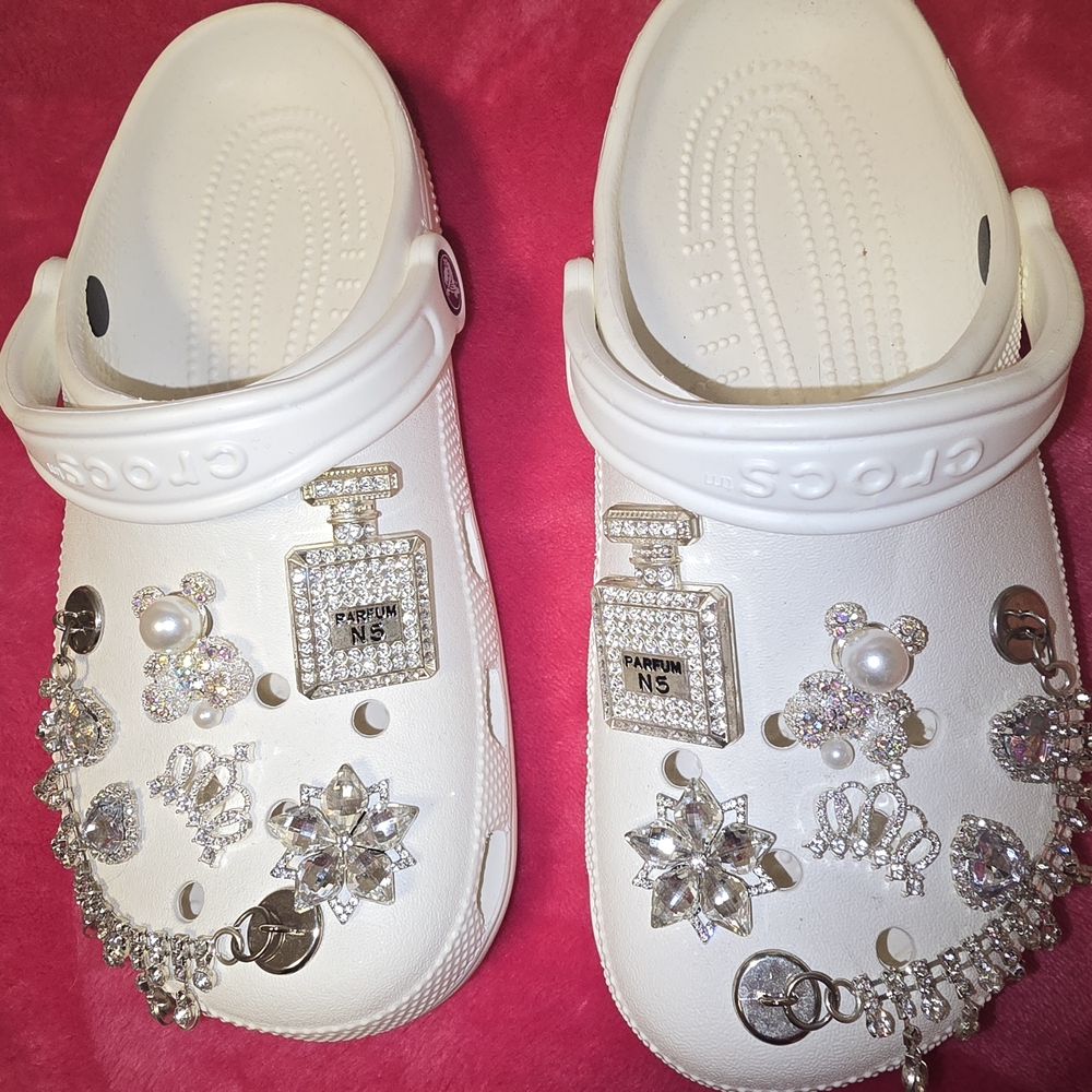 CROCS White Clogs with Sparkling Jeweled Charms